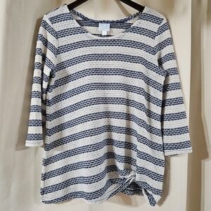 Sunday Knit Pullover Open Knit Sweater Creme Blue Womens‎ Large Boho Nautical